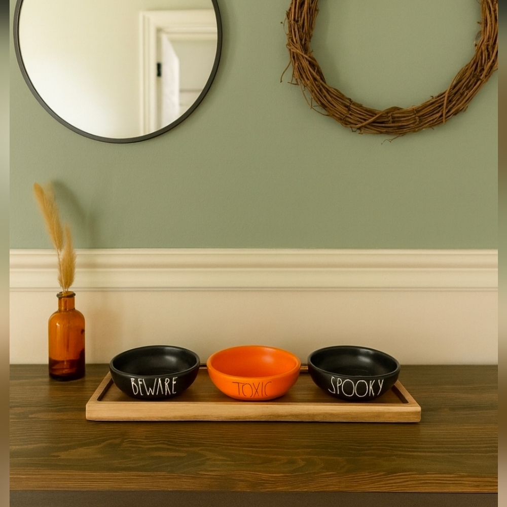 RAE DUNN • Halloween Snack Bowl Set •  Orange & Black With Wood Tray